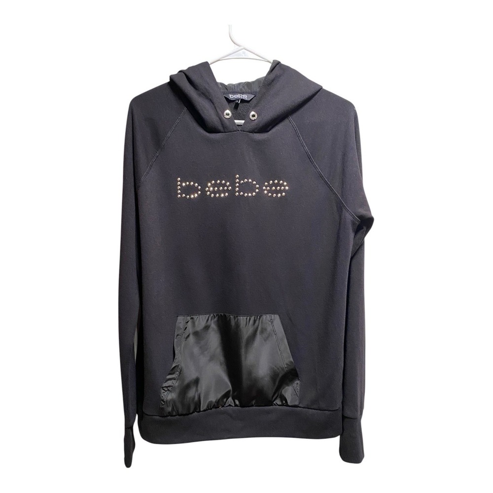 Bebe Sport Womens Large Black Studded Logo Hoodie Thumbholes Satin Pocket